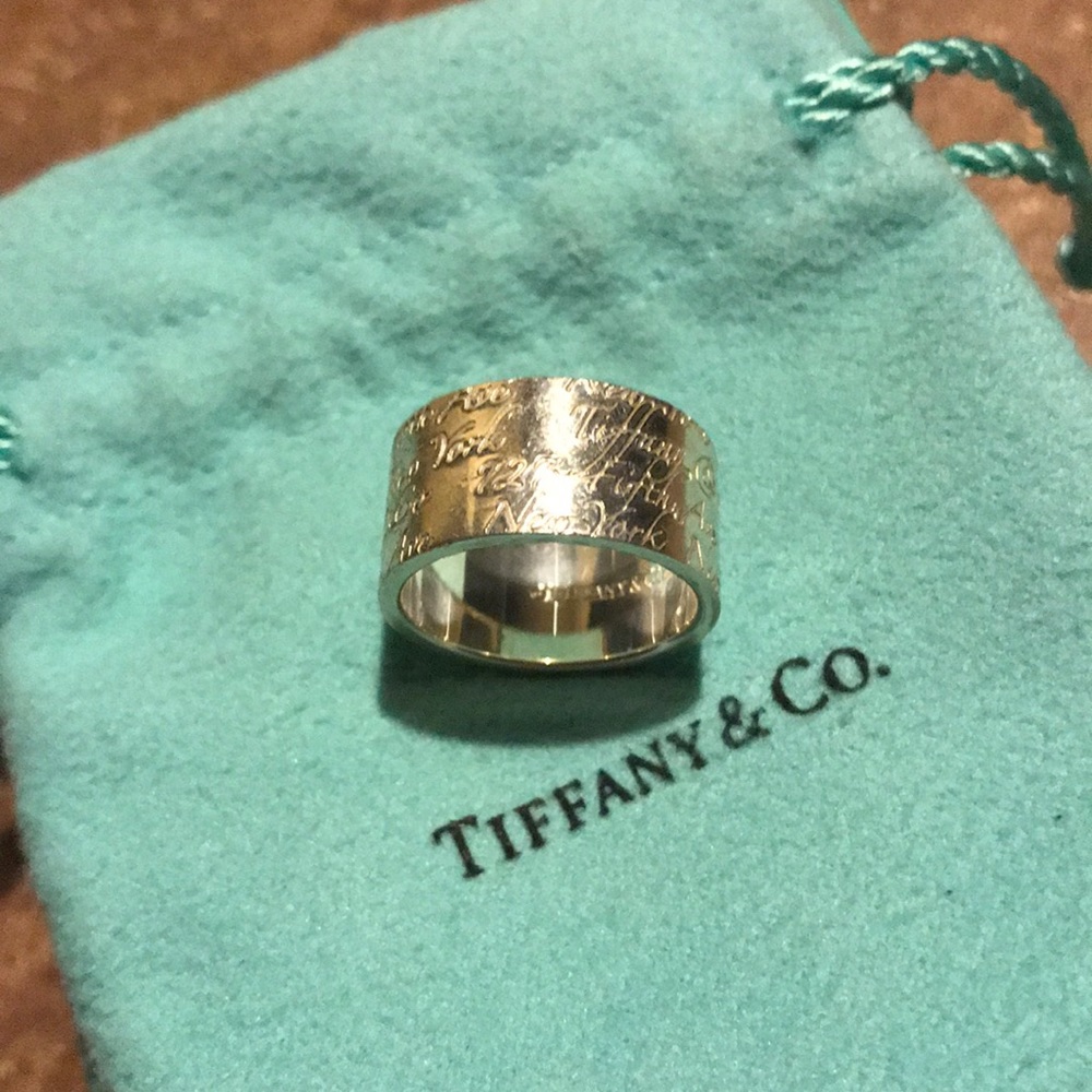 Tiffany New York 5th Avenue wide band ring silver address New York etched